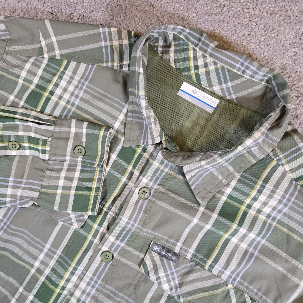 Columbia Omni-Wick Mens Large Green Plaid Button Up Long Sleeve Fishing Shirt